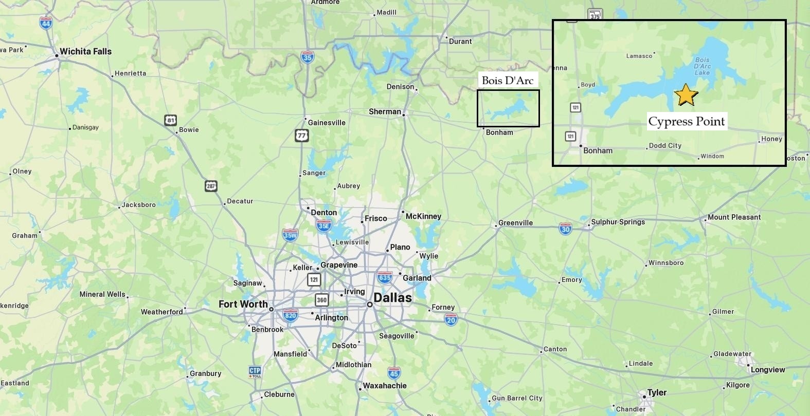 Map showing Cypress Point on Bois D'Arc Lake and the lake's location northeast of the Dallas-Fort Worth area